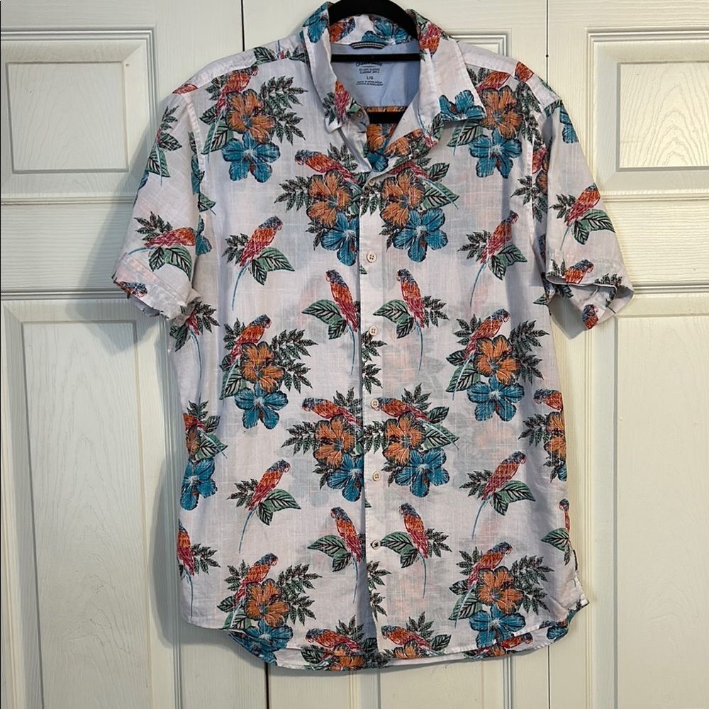 IZOD SALTWATER Large Short Sleeve Button Down Casual Shirt Relaxed Fit Tropical